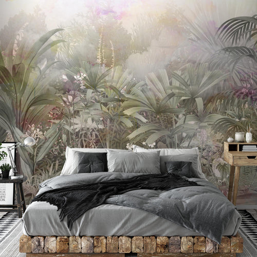 Novart Fototapete Dschungel 396 x 280 cm Wandtapete Blätter Blumen Grün Grau Wohnzimmer Schlafzimmer - N9123012a