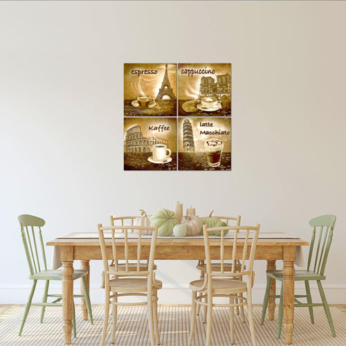 Runa Art Bilder Küche Kaffee 4 Teilig Bild auf Vlies Leinwand Esszimmer Küchenbilder 60 x 60 cm Collage Braun 500744a