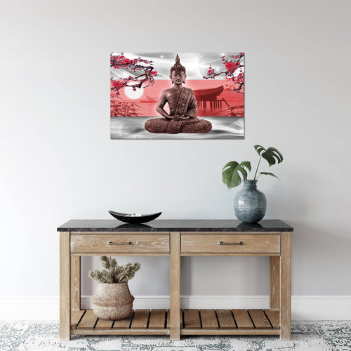 Runa Art Bild Buddha Feng Shui Modern Wandbilder Wohnzimmer Schlafzimmer 1 Teilig - Made In Germany - Sakura Grau Rot Flur 504915a