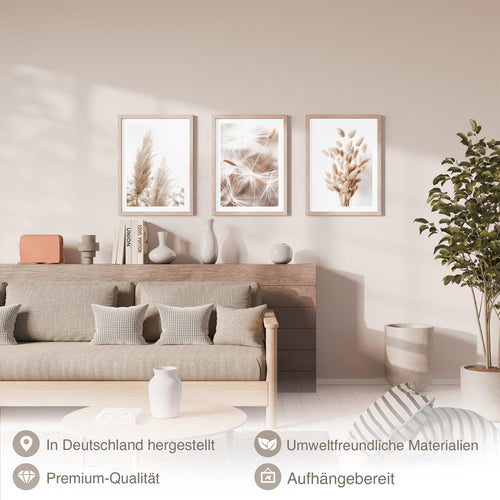 Novart Wandbilder Set mit Rahmen - Boho Pampas- KOMPLETT AUFHÄNGFERTIG - Wohnzimmer Schlafzimmer Flur Deko - 3 Moderne Bilder Beige - N008935aR1