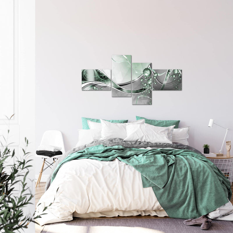 Runa Art Wandbilder Set XXL Abstrakt Wohnzimmer Schlafzimmer Silber Grün 4 Teilig - Made in Germany - 109145b