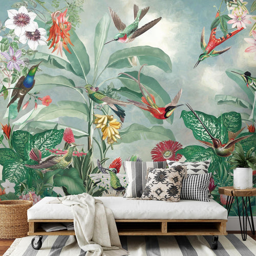 Novart Fototapete Blumen 396 x 280 cm Wandtapete Blumenwiese Vögel Wohnzimmer Schlafzimmer - N9127012a