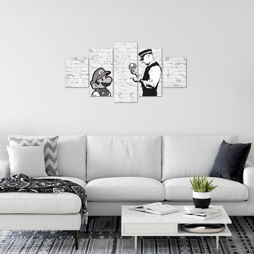 Runa Art Wandbilder Mario and Cop Banksy 5 Teilig Bild auf Vlies Leinwand Deko Jugendzimmer Wohnzimmer Art Schwarz Weiss 006552c