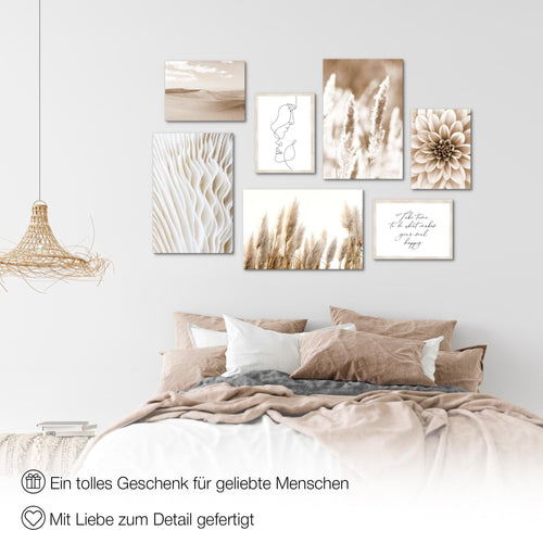 Novart Wandbilder Boho Pampasgras - KOMPLETT AUFHÄNGFERTIG - Beige Wohnzimmer Schlafzimmer - 7 Moderne Mood-Bilder - N013371a