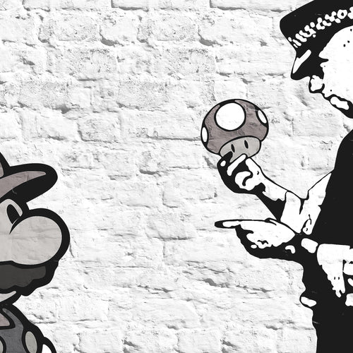 Runa Art Bild Mario and Cop Banksy Modern Wandbilder Jugendzimmer Wohnzimmer 1 Teilig - Made In Germany - Art Schwarz Weiss Flur 006515c