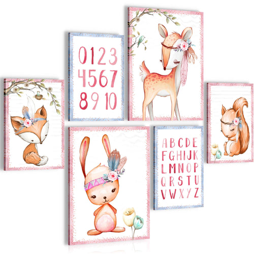 Novart Wandbilder Set Indianer Tiere Rosa - KEIN EXTRA RAHMEN BENÖTIGT -  Modern Deko  - Kinderzimmer Mädchen N016863a