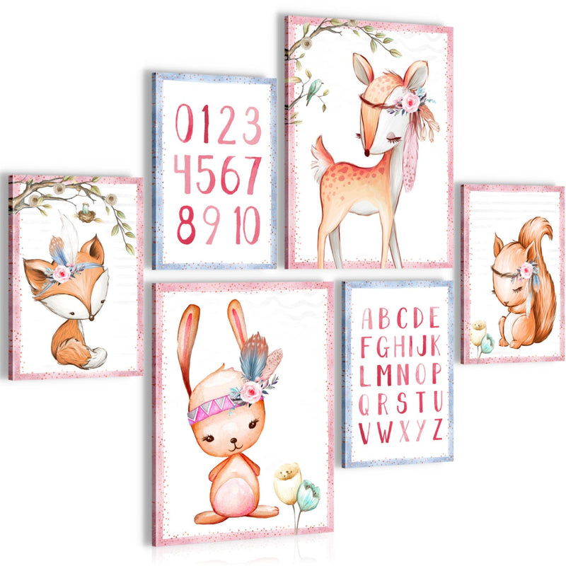 Novart Wandbilder Set Indianer Tiere Rosa - KEIN EXTRA RAHMEN BENÖTIGT -  Modern Deko  - Kinderzimmer Mädchen N016863a