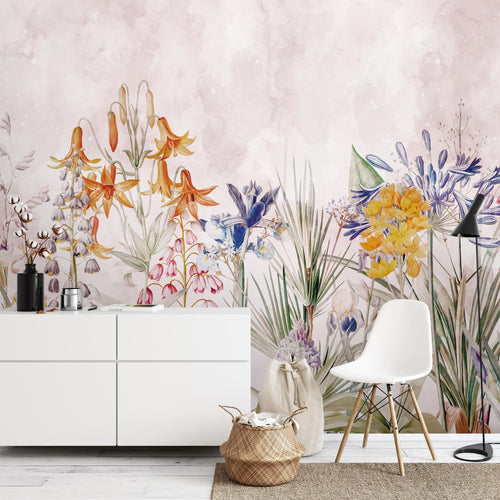 Novart Fototapete Blumen 396 x 280 cm Wandtapete Blumenwiese Rosa Wohnzimmer Schlafzimmer - N9131012a