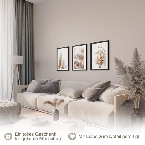Novart Bilder Set mit Rahmen - Boho Style - Wandbilder für Wohnzimmer Schlafzimmer Flur - 3 Teilig Deko Beige - N008935aR2