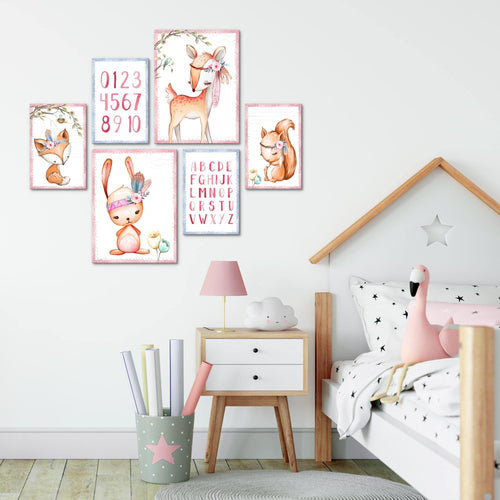 Novart Wandbilder Set Indianer Tiere Rosa - KEIN EXTRA RAHMEN BENÖTIGT -  Modern Deko  - Kinderzimmer Mädchen N016863a
