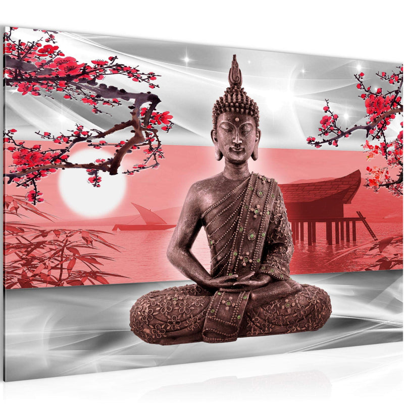 Runa Art Bild Buddha Feng Shui Modern Wandbilder Wohnzimmer Schlafzimmer 1 Teilig - Made In Germany - Sakura Grau Rot Flur 504915a