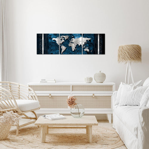 Runa Art - Bilder Weltkarte 120 x 40 cm 3 Teilig Wandbild auf Vlies Leinwand Blau Mehrteilig Modern 107333b