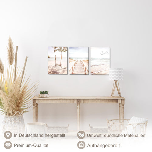 Novart Quadros Spiaggia Mare - Completamente Pronto Da Appendere - Soggiorno Camera da letto Corridoio Decorazione Elegante - Set 3 Pezzi Boho beige - N038130b