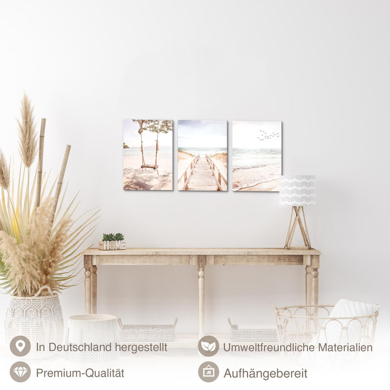 Novart Quadros Spiaggia Mare - Completamente Pronto Da Appendere - Soggiorno Camera da letto Corridoio Decorazione Elegante - Set 3 Pezzi Boho beige - N038130b