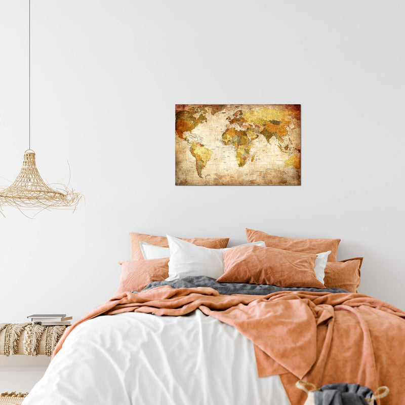 Runa Art Bild Weltkarte Modern Wandbilder Wohnzimmer Büro 1 Teilig - Made In Germany - Vintage Antik Gold Flur 103415a