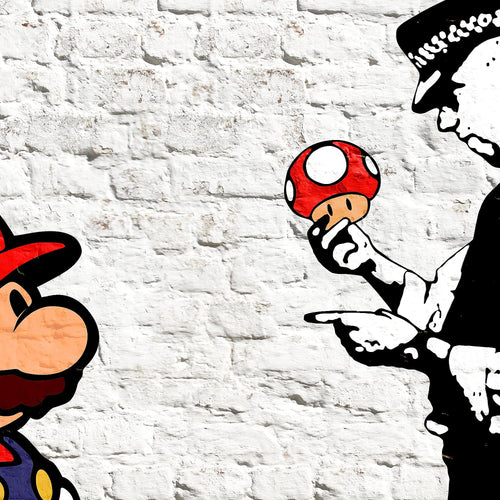 Runa Art Wandbilder Mario and Cop Banksy 5 Teilig Bild auf Vlies Leinwand Deko Jugendzimmer Wohnzimmer Street Art Weiss Bunt 006552a