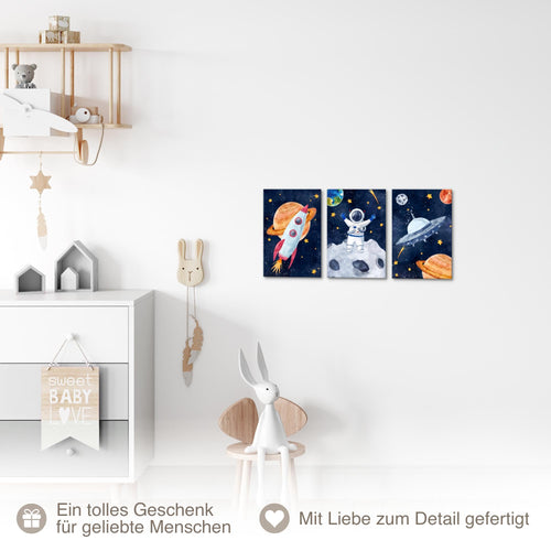 Novart Quadros In tutto il mondo Razzo - Completamente Pronto Da Appendere - Camera dei bambini Decorazione Elegante - Set 3 Pezzi Blu Colorati - N030030a