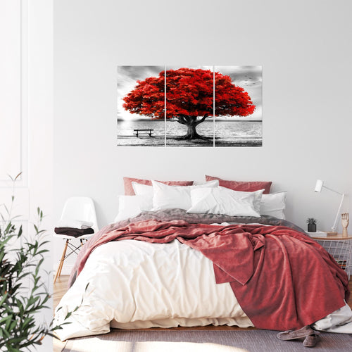 Runa Art Wandbilder Strand Sonnenuntergang Bild XXL Wohnzimmer Schlafzimmer Grau Rot Strand Baum 120 x 80 cm 3 Teilig 050631a