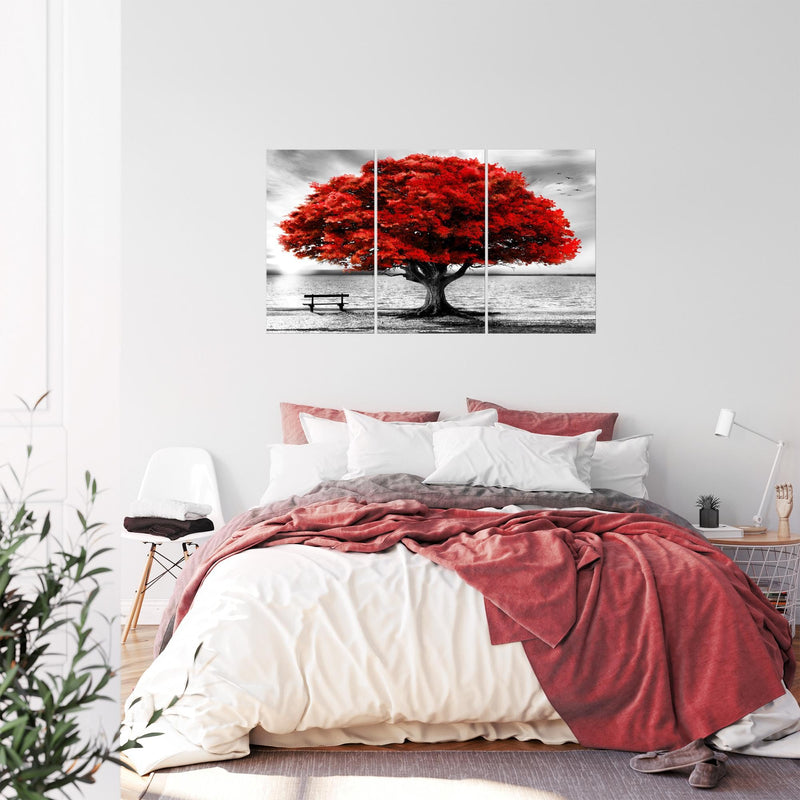 Runa Art Wandbilder Strand Sonnenuntergang Bild XXL Wohnzimmer Schlafzimmer Grau Rot Strand Baum 120 x 80 cm 3 Teilig 050631a