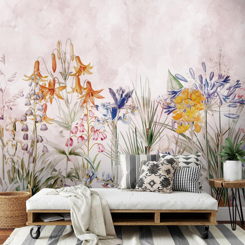 Novart Fototapete Blumen 396 x 280 cm Wandtapete Blumenwiese Rosa Wohnzimmer Schlafzimmer - N9131012a