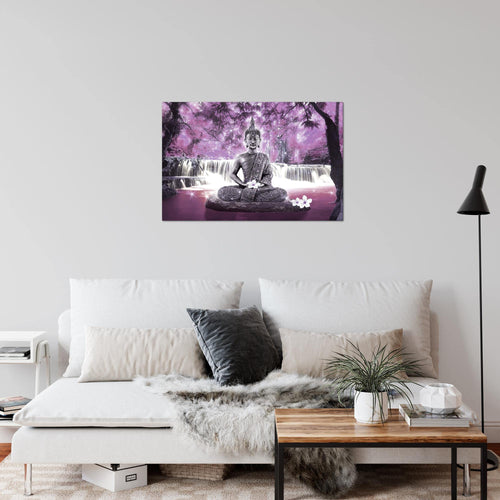Runa Art Bild Buddha Wasserfall Modern Wandbilder Wohnzimmer Schlafzimmer 1 Teilig - Made In Germany - Landschaft Violett Lila Flur 503515c