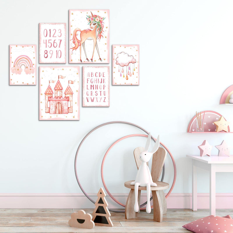 Novart Wandbilder Set Einhorn  Rosa  - KEIN EXTRA RAHMEN BENÖTIGT -  Modern Deko  - Kinderzimmer Mädchen N016763a