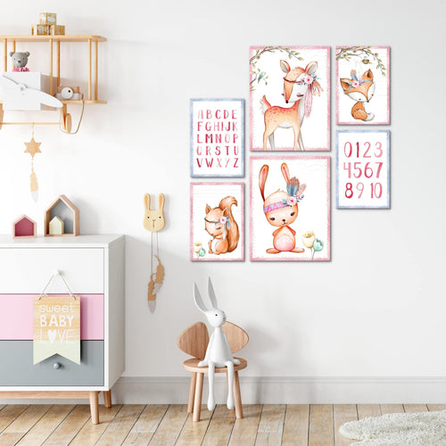 Novart Wandbilder Set Indianer Tiere Rosa - KEIN EXTRA RAHMEN BENÖTIGT -  Modern Deko  - Kinderzimmer Mädchen N016863a