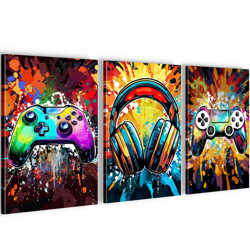 Novart Quadros Console di gioco Giocatore - Completamente Pronto Da Appendere - Camera dei bambini Ragazzi Adolescente Decorazione Elegante - Set 3 Pezzi Colorati - N039430a