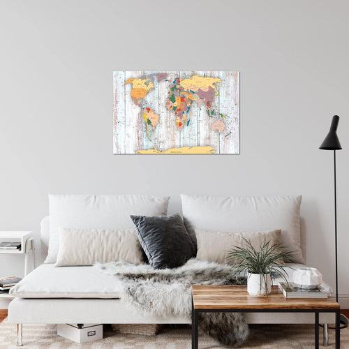 Runa Art Bild Weltkarte Holz Modern Wandbilder Wohnzimmer Büro 1 Teilig - Made In Germany - Landkarte Weiss Flur 108715b