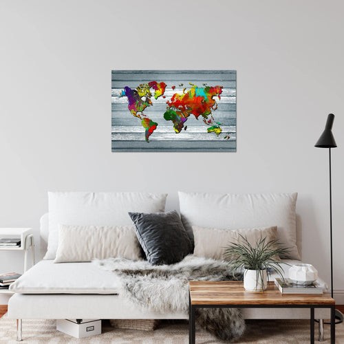 Runa Art Bild Weltkarte Modern Wandbilder Wohnzimmer Büro 1 Teilig - Made In Germany - Kontinente Holz Bunt Flur 105415c