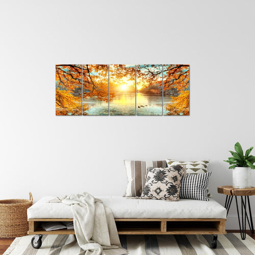 Runa Art Bild Sonniger Wald Wandbilder auf Vlies Leinwand 5 Teilig Wanddekoration Wohnzimmer Schlafzimmer 050056a