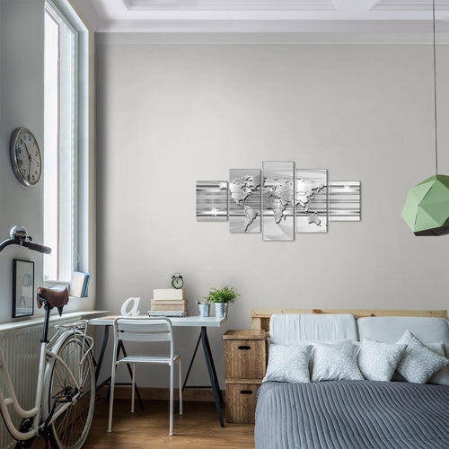 Runa Art - Bilder Weltkarte 200 x 100 cm 5 Teilig XXL Wanddekoration Design Grau 107951b