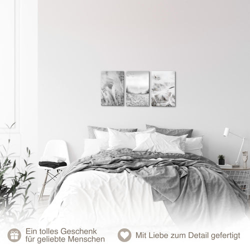 Novart Quadros Spiaggia Mare Boho - Completamente Pronto Da Appendere - Soggiorno Camera da letto Corridoio Decorazione Elegante - Set 3 Pezzi Grigio - N033830b