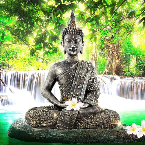 Runa Art Bild Buddha Wasserfall Modern Wandbilder Wohnzimmer Schlafzimmer 1 Teilig - Made In Germany - Feng Shui Grün Flur 503515a
