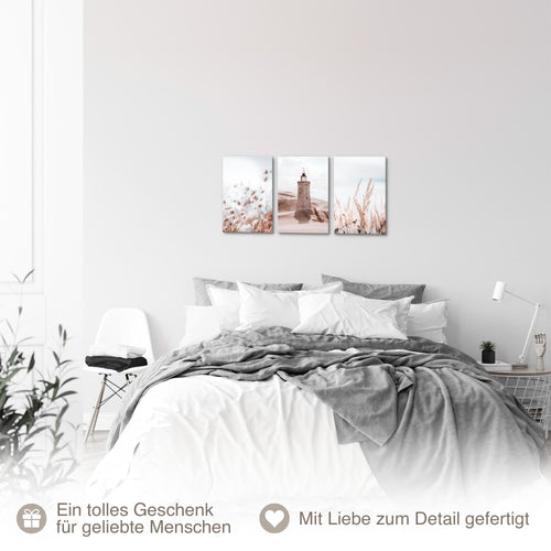 Novart Quadros Torre di luce Boho Mare - Completamente Pronto Da Appendere - Soggiorno Camera da letto Corridoio Decorazione Elegante - Set 3 Pezzi Beige - N034930a