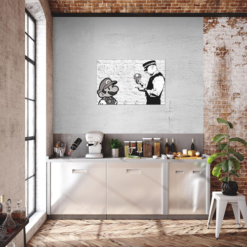 Runa Art Bild Mario and Cop Banksy Modern Wandbilder Jugendzimmer Wohnzimmer 1 Teilig - Made In Germany - Art Schwarz Weiss Flur 006515c