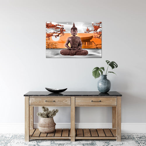 Runa Art Bild Buddha Feng Shui Modern Wandbilder Wohnzimmer Schlafzimmer 1 Teilig - Made In Germany - Kirschblume Grau Orange Flur 504915c