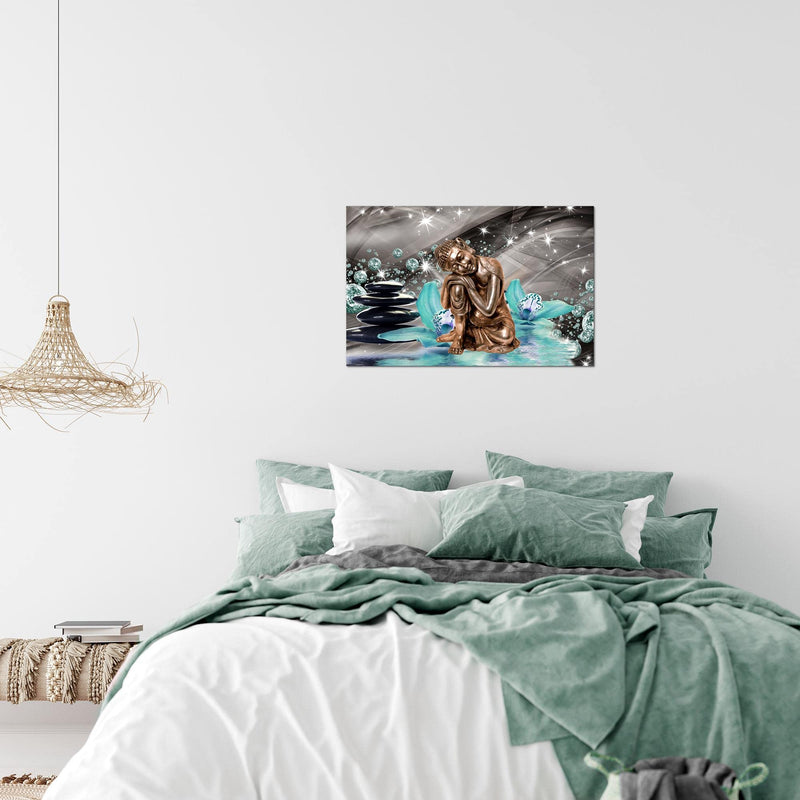 Runa Art Bild Buddha Orchidee Modern Wandbilder Wohnzimmer Schlafzimmer 1 Teilig - Made In Germany - Abstrakt Türkis Grau Flur 505315b