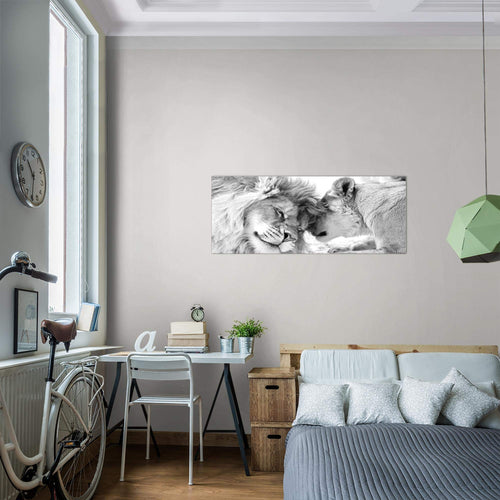 Runa Art Wandbild Löwen Liebe 1 Teilig 100 x 40 cm Modern Bild auf Vlies Leinwand Löwe und Löwin Wohnzimmer Schlafzimmer Beige 002112b