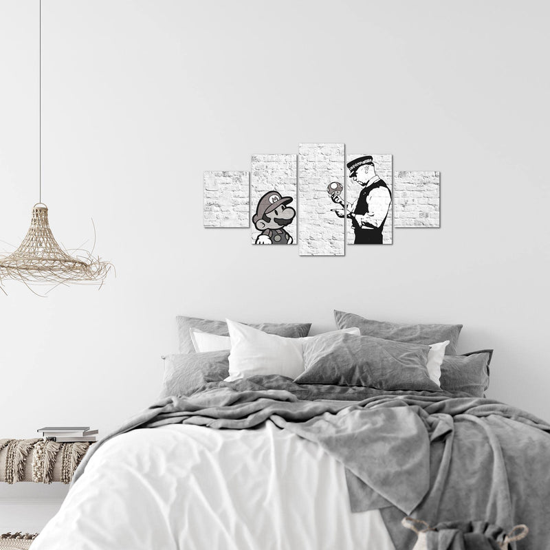 Runa Art Wandbilder Mario and Cop Banksy 5 Teilig Bild auf Vlies Leinwand Deko Jugendzimmer Wohnzimmer Art Schwarz Weiss 006552c