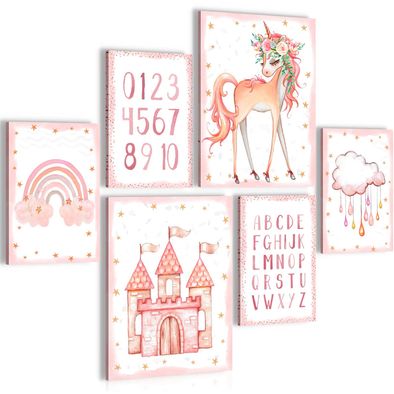 Novart Wandbilder Set Einhorn  Rosa  - KEIN EXTRA RAHMEN BENÖTIGT -  Modern Deko  - Kinderzimmer Mädchen N016763a