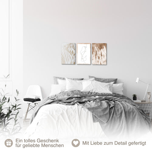 Novart Quadros Boho Fiori - Completamente Pronto Da Appendere - Soggiorno Camera da letto Corridoio Decorazione Elegante - Set 3 Pezzi Beige - N035030a