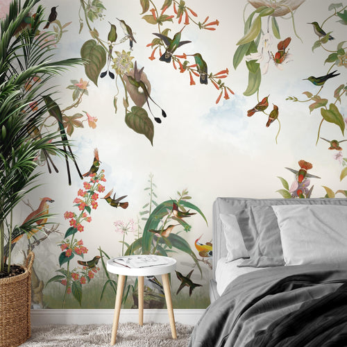 Novart Fototapete Blumen 396 x 280 cm Wandtapete Blumenwiese Vögel Wohnzimmer Schlafzimmer - N9124012a