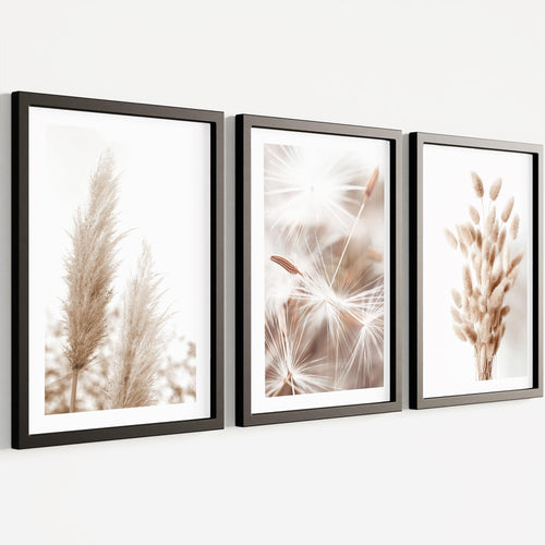 Novart Bilder Set mit Rahmen - Boho Style - Wandbilder für Wohnzimmer Schlafzimmer Flur - 3 Teilig Deko Beige - N008935aR2