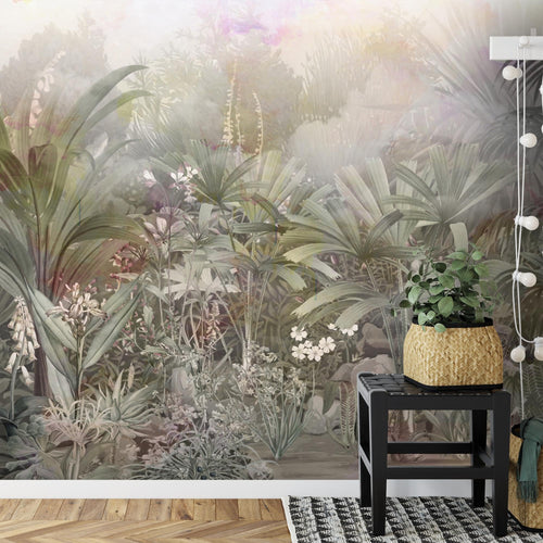 Novart Fototapete Dschungel 396 x 280 cm Wandtapete Blätter Blumen Grün Grau Wohnzimmer Schlafzimmer - N9123012a