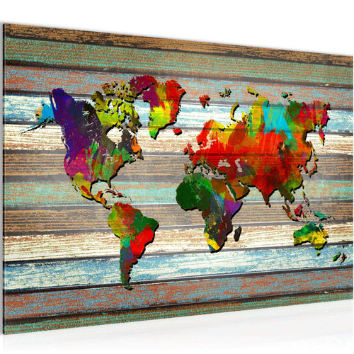 Runa Art Bild Weltkarte Modern Wandbilder Wohnzimmer Büro 1 Teilig - Made In Germany - Vintage Holz Bunt Flur 105415a