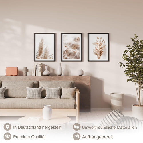 Novart Bilder Set mit Rahmen - Boho Style - Wandbilder für Wohnzimmer Schlafzimmer Flur - 3 Teilig Deko Beige - N008935aR2
