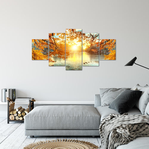 Runa Art Wandbilder Sonniger Wald 5 Teilig Bild auf Vlies Leinwand Deko Wohnzimmer Schlafzimmer Wald Natur Orange Gelb 050052a