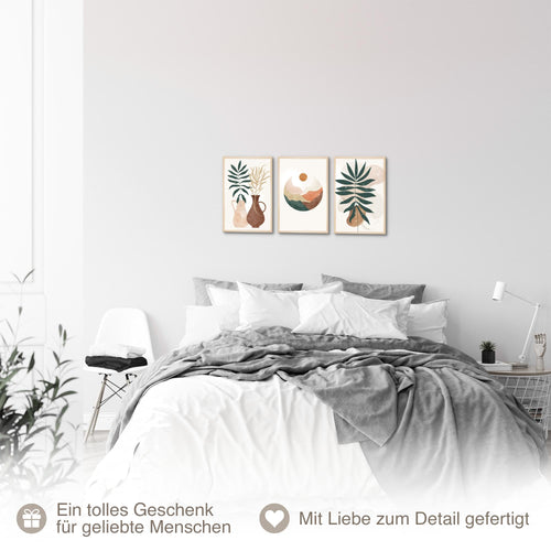 Novart Quadros Boho Stile Piante - Completamente Pronto Da Appendere - Soggiorno Camera da letto Corridoio Decorazione Elegante - Set 3 Pezzi Beige Verde - N036330a