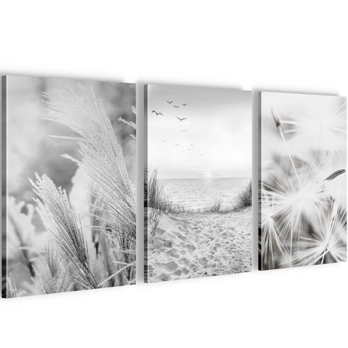 Novart Quadros Spiaggia Mare Boho - Completamente Pronto Da Appendere - Soggiorno Camera da letto Corridoio Decorazione Elegante - Set 3 Pezzi Grigio - N033830b